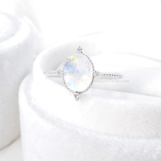 Moonstone & Diamond Oval Milgrain Engagement Ring 14k 18k White Yellow Rose Gold, Platinum, Custom, Wedding, North Star, WanLoveDesigns Wan Love Designs