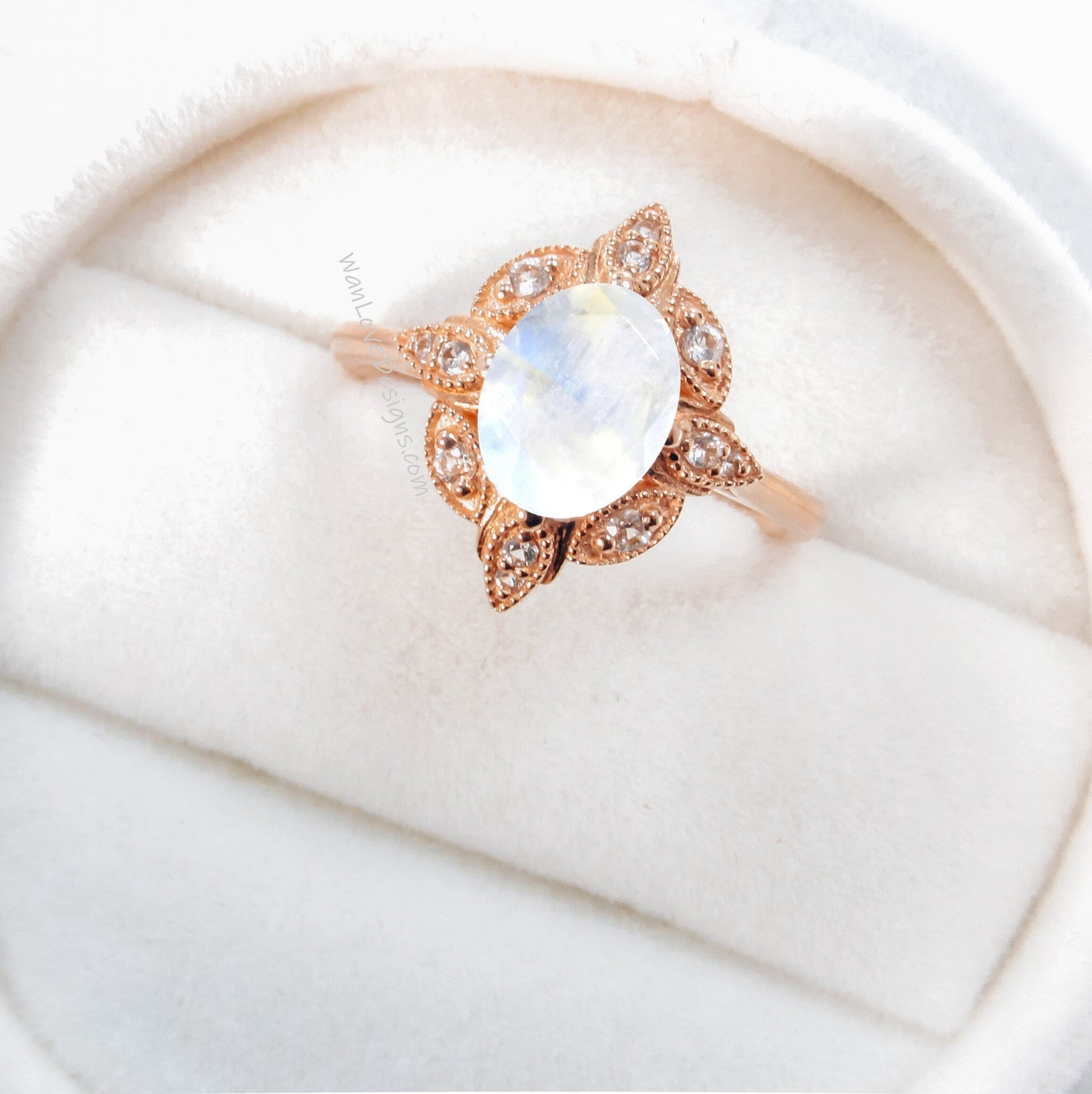 Moonstone Diamond Oval Milgrain Halo Engagement Ring, plain shank, 14k White Yellow Rose Gold,Platinum,Custom,Wedding, WanLoveDesigns Wan Love Designs