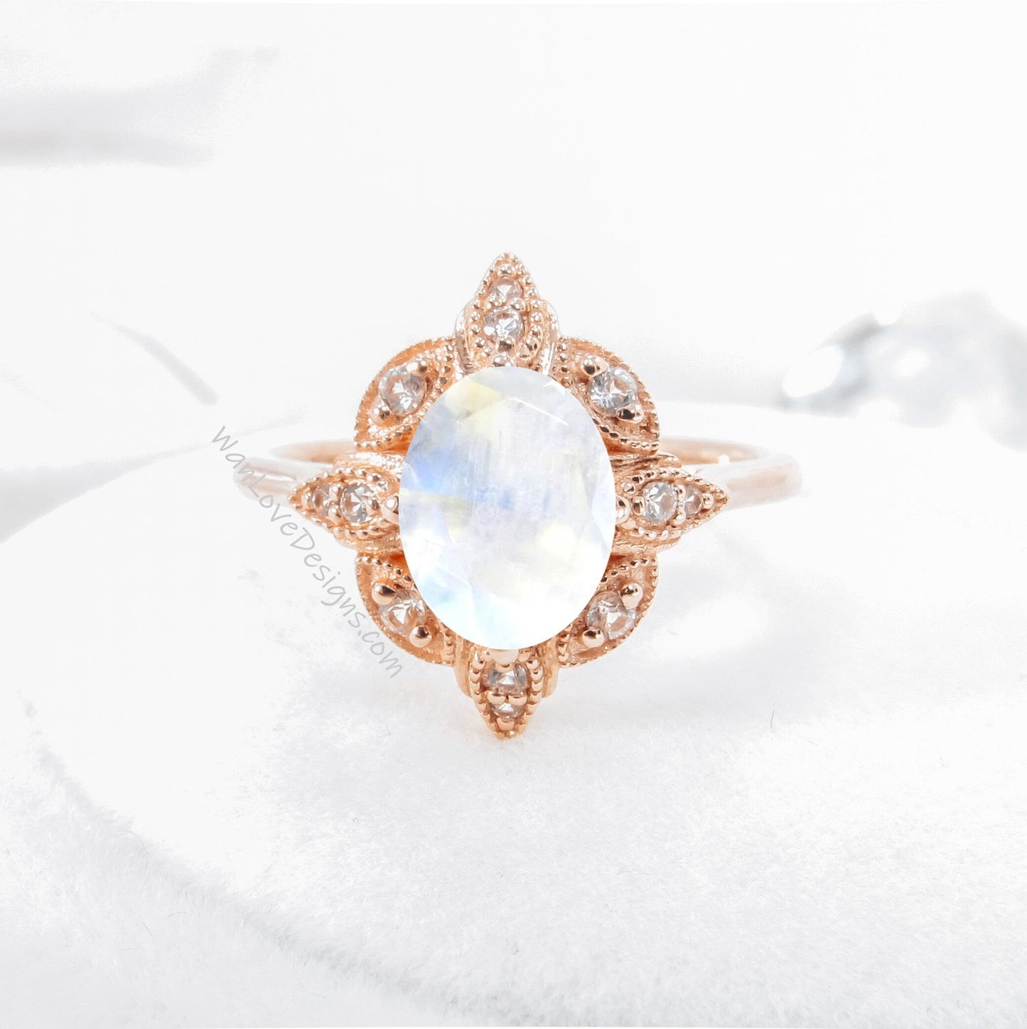 Moonstone Diamond Oval Milgrain Halo Engagement Ring, plain shank, 14k White Yellow Rose Gold,Platinum,Custom,Wedding, WanLoveDesigns Wan Love Designs