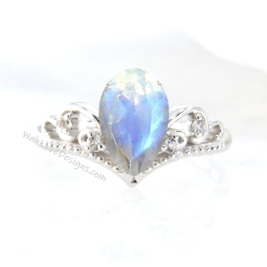 Moonstone Diamond Pear Crown Tiara Royal Princess V Contoured Engagement Ring, Custom, 14kt 18kt Gold, Platinum, WanLoveDesigns Wan Love Designs