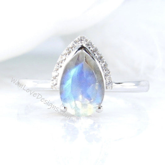 Moonstone & Diamond Pear Modern Semi Bezel Crescent Half Halo Unique Engagement Ring,Custom,WanLoveDesigns Wan Love Designs