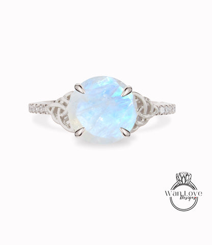 Moonstone & Diamond Round Celtic Knot Engagement Ring, Custom,14k 18k White Yellow Rose Gold,Platinum,Wedding,Anniversary,Double Wan Love Designs
