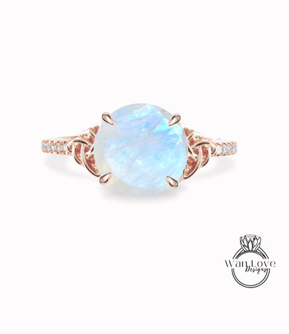 Moonstone & Diamond Round Celtic Knot Engagement Ring, Custom,14k 18k White Yellow Rose Gold,Platinum,Wedding,Anniversary,Double Wan Love Designs