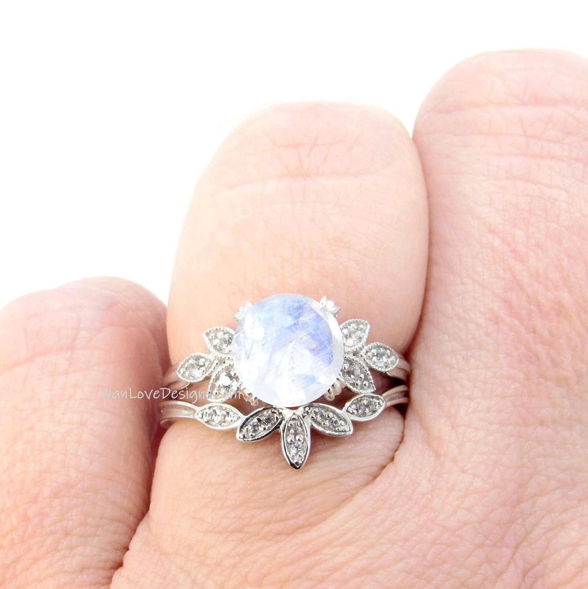 Moonstone & Diamond Round Engagement Ring Set, Nesting Curved Wedding Band Custom,14k 18k White Yellow Rose Gold-Platinum Wan Love Designs