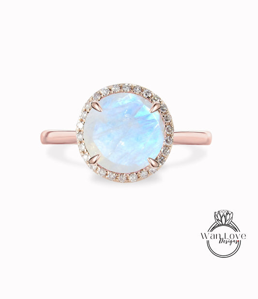 Moonstone & Diamond Round Halo Plain Shank Engagement Ring Custom Wedding 14kt 18kt Gold, Platinum, WanLoveDesigns Wan Love Designs
