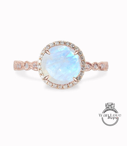 Moonstone & Diamond Scalloped Engagement Ring, Milgrain Vintage Rainbow Mystic Moonstone Bridal Ring, Round Halo Moissanite Ring, Custom Wan Love Designs