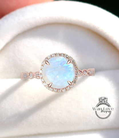 Moonstone & Diamond Scalloped Engagement Ring, Milgrain Vintage Rainbow Mystic Moonstone Bridal Ring, Round Halo Moissanite Ring, Custom Wan Love Designs