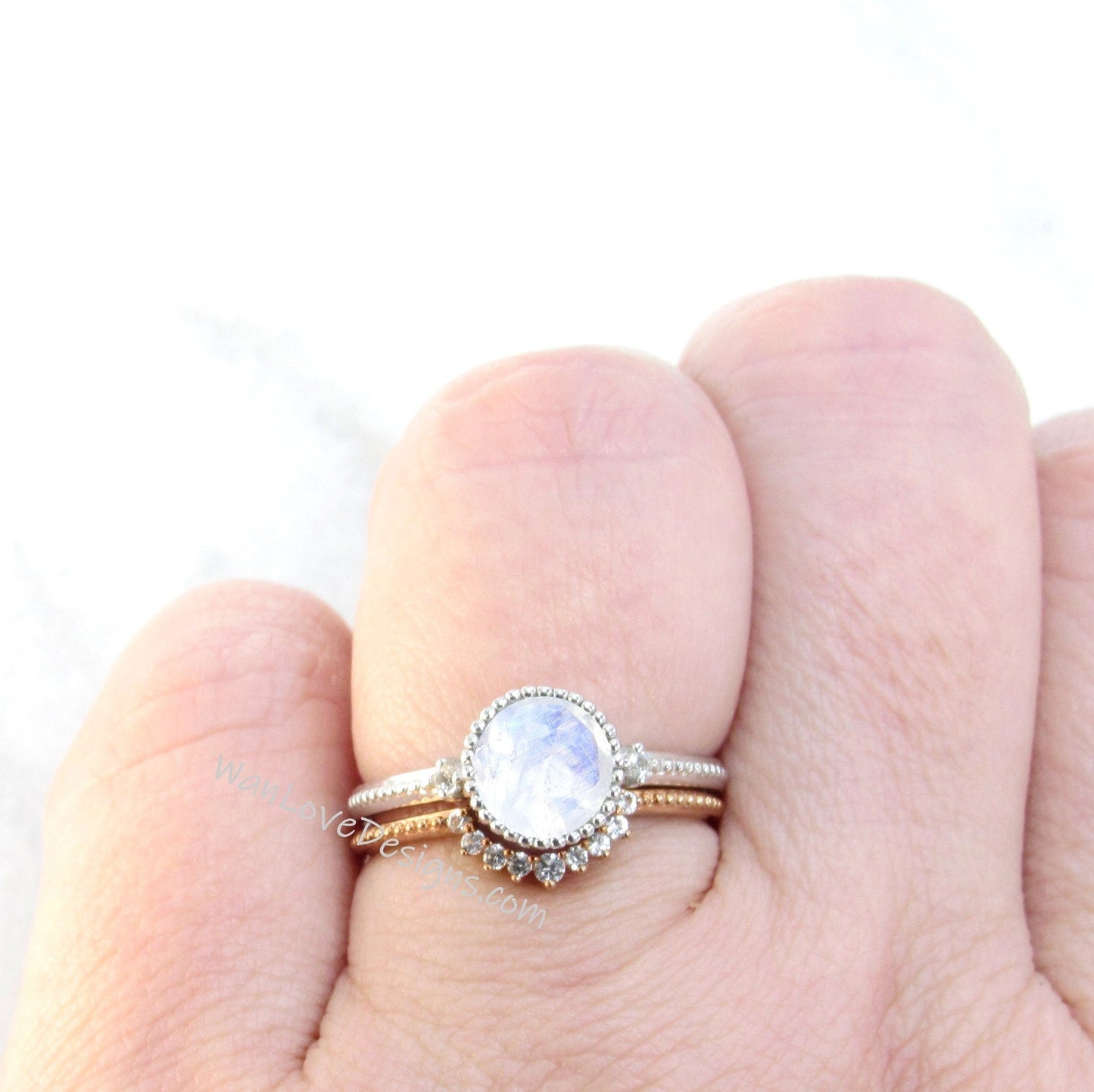 Moonstone & Diamonds Milgrain Bezel Engagement Ring set, Contoured Nesting Wedding Band, Custom,14k 18k White Yellow Rose Gold-Platinum Wan Love Designs