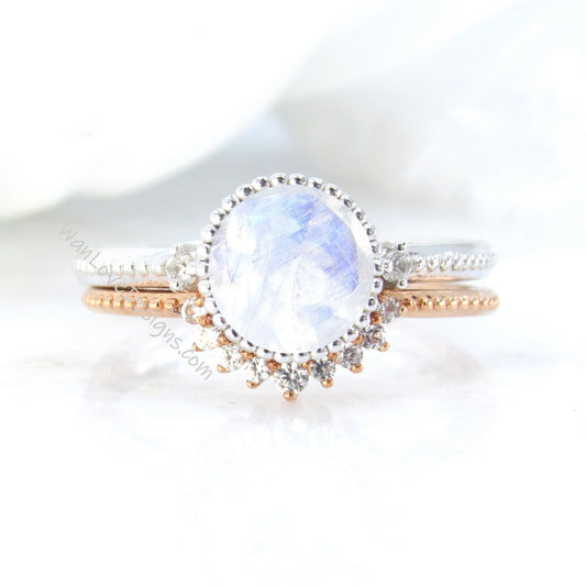 Moonstone & Diamonds Milgrain Bezel Engagement Ring set, Contoured Nesting Wedding Band, Custom,14k 18k White Yellow Rose Gold-Platinum Wan Love Designs