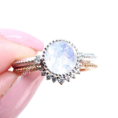 Moonstone & Diamonds Milgrain Bezel Engagement Ring set, Contoured Nesting Wedding Band, Custom,14k 18k White Yellow Rose Gold-Platinum Wan Love Designs