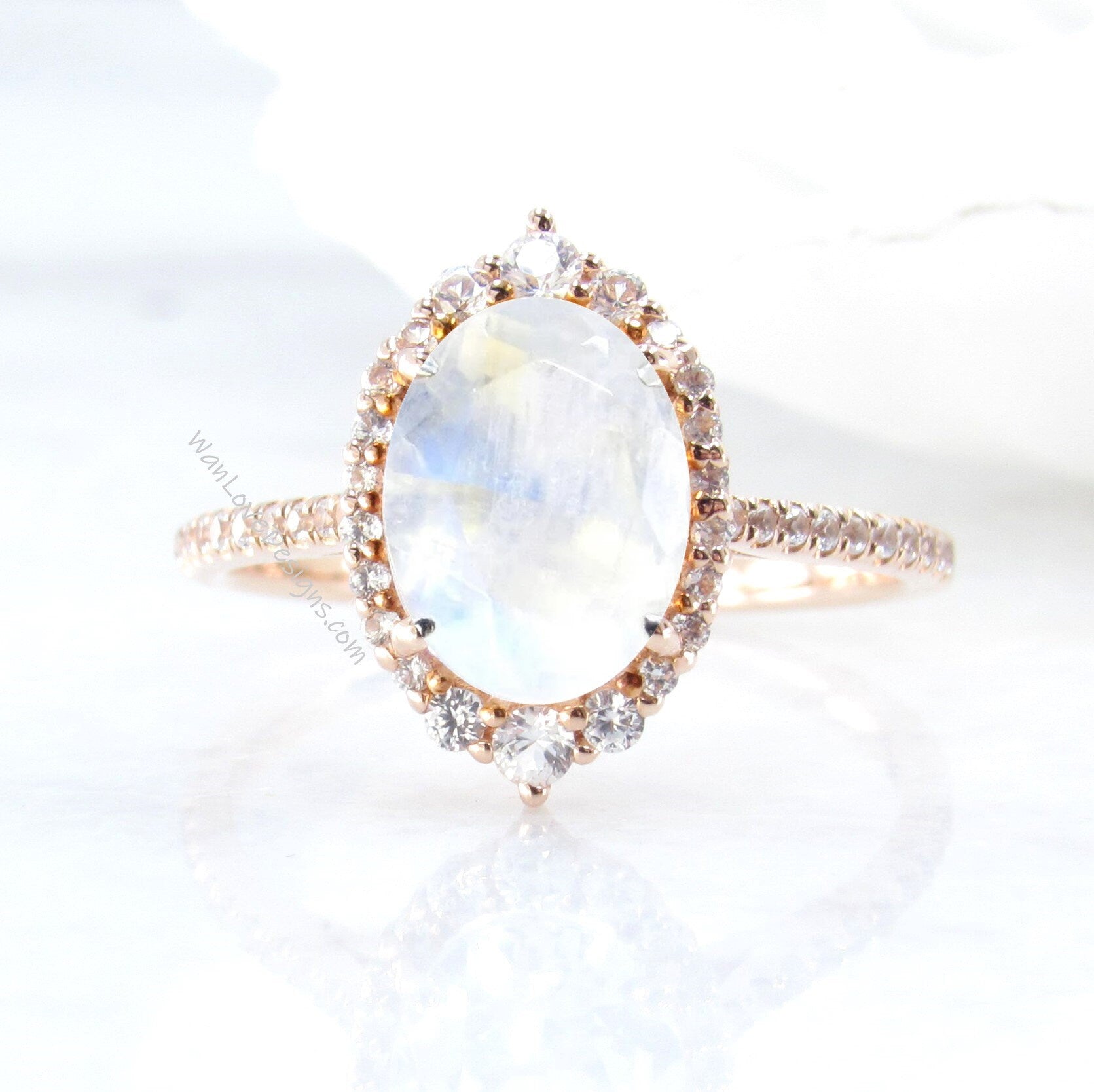 Moonstone & Diamonds Oval Graduated Halo Engagement Ring, Custom, Wedding, 14kt 18kt Gold, Platinum, WanLoveDesigns Wan Love Designs