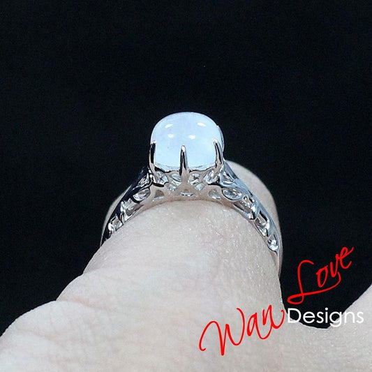 Moonstone Filigree Cabochon Engagement Ring, Round, Antique, Solitaire,1.5ct-7mm-14k 18k White Yellow Rose Gold-Platinum-Wedding-Anniversary Wan Love Designs