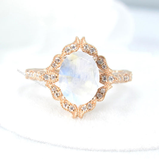Moonstone Oval Diamond Ring, Floral Diamond Ring with Moonstone, Moon stone Milgrain Ring, Blue Flash Engagement Ring, Custom,WanLoveDesigns Wan Love Designs