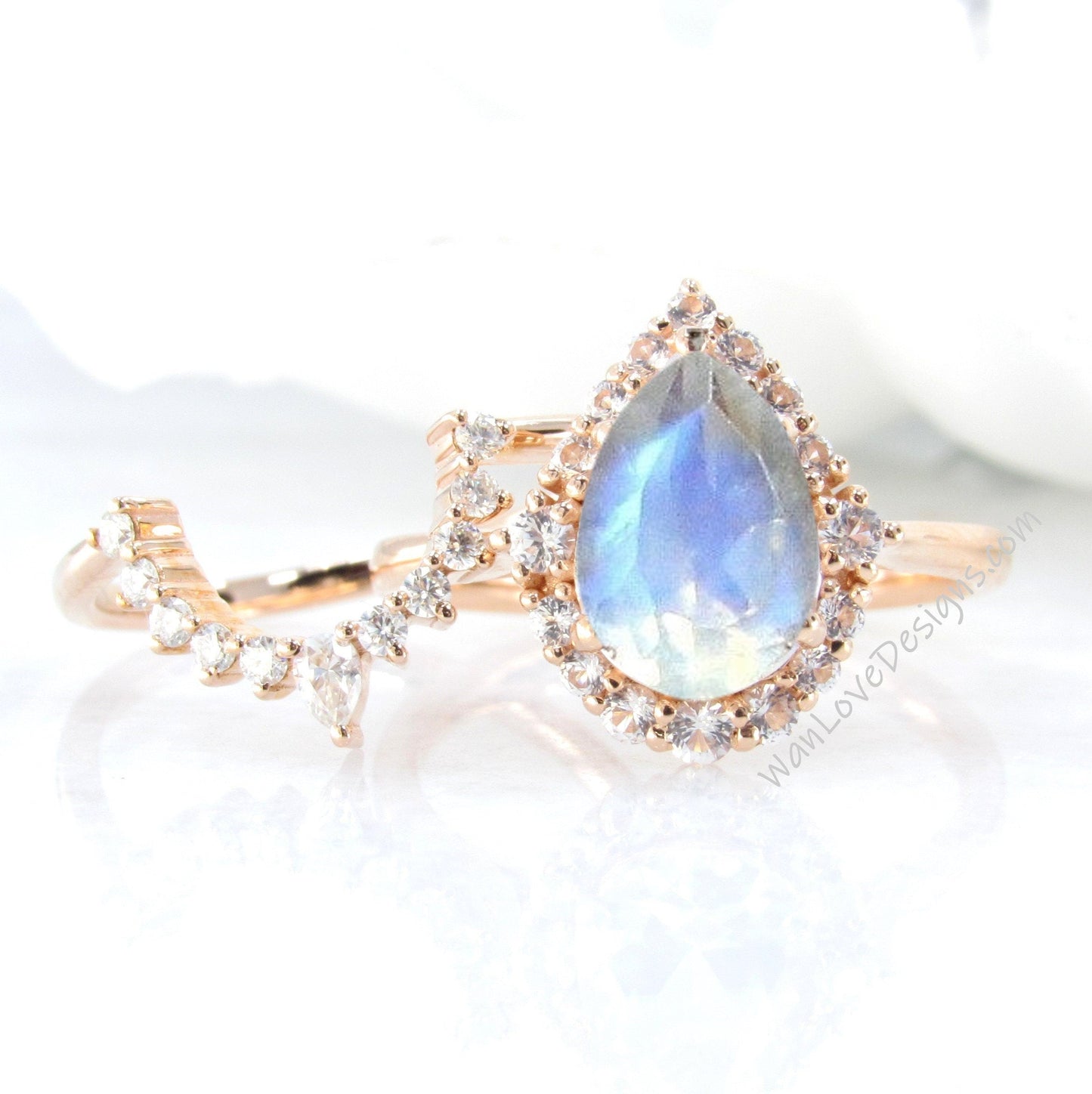 Moonstone Pear engagement ring set Graduated Cluster halo rose gold engagement ring women curved tiara Diamond wedding Bridal Band Gift Wan Love Designs