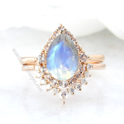 Moonstone Pear engagement ring set Graduated Cluster halo rose gold engagement ring women curved tiara Diamond wedding Bridal Band Gift Wan Love Designs