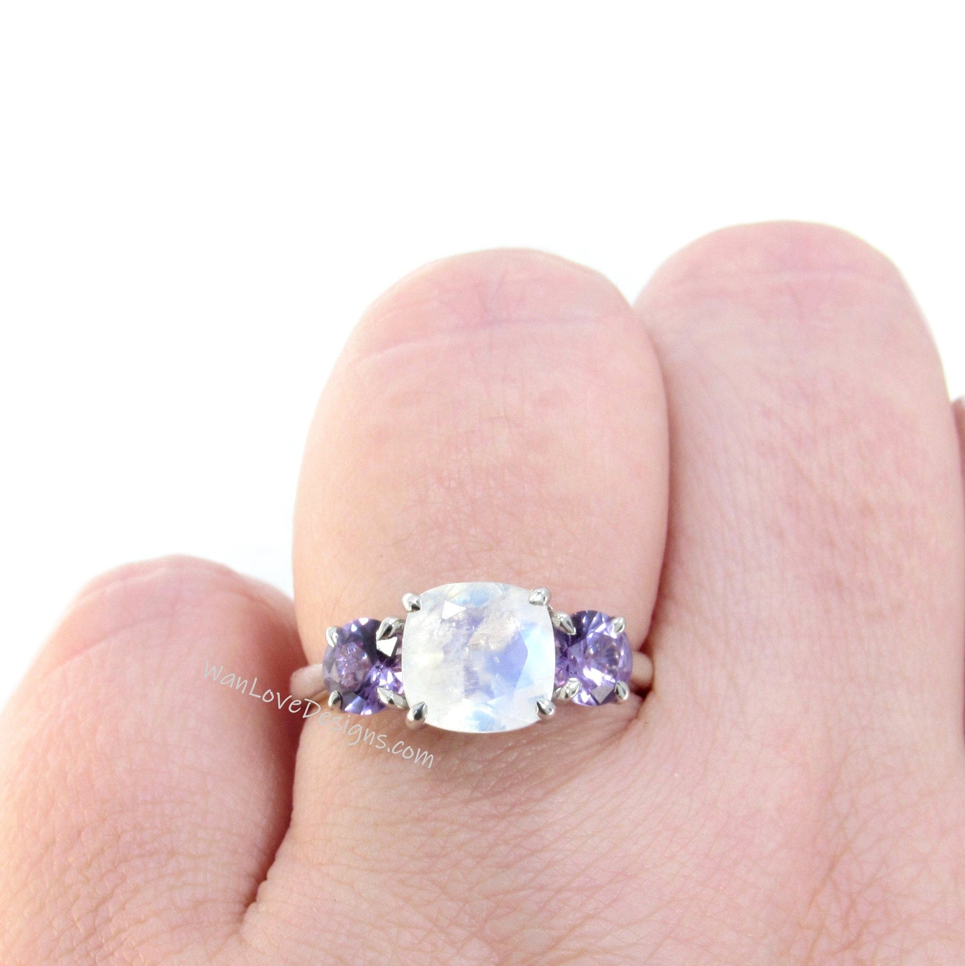 Moonstone Purple Sapphire Alexandrite Color 3 Stone Cushion Round Engagement Ring-2 1 ct 8mm 5mm-Silver Rhodium-Custom-Wedding-Ready to Ship Wan Love Designs