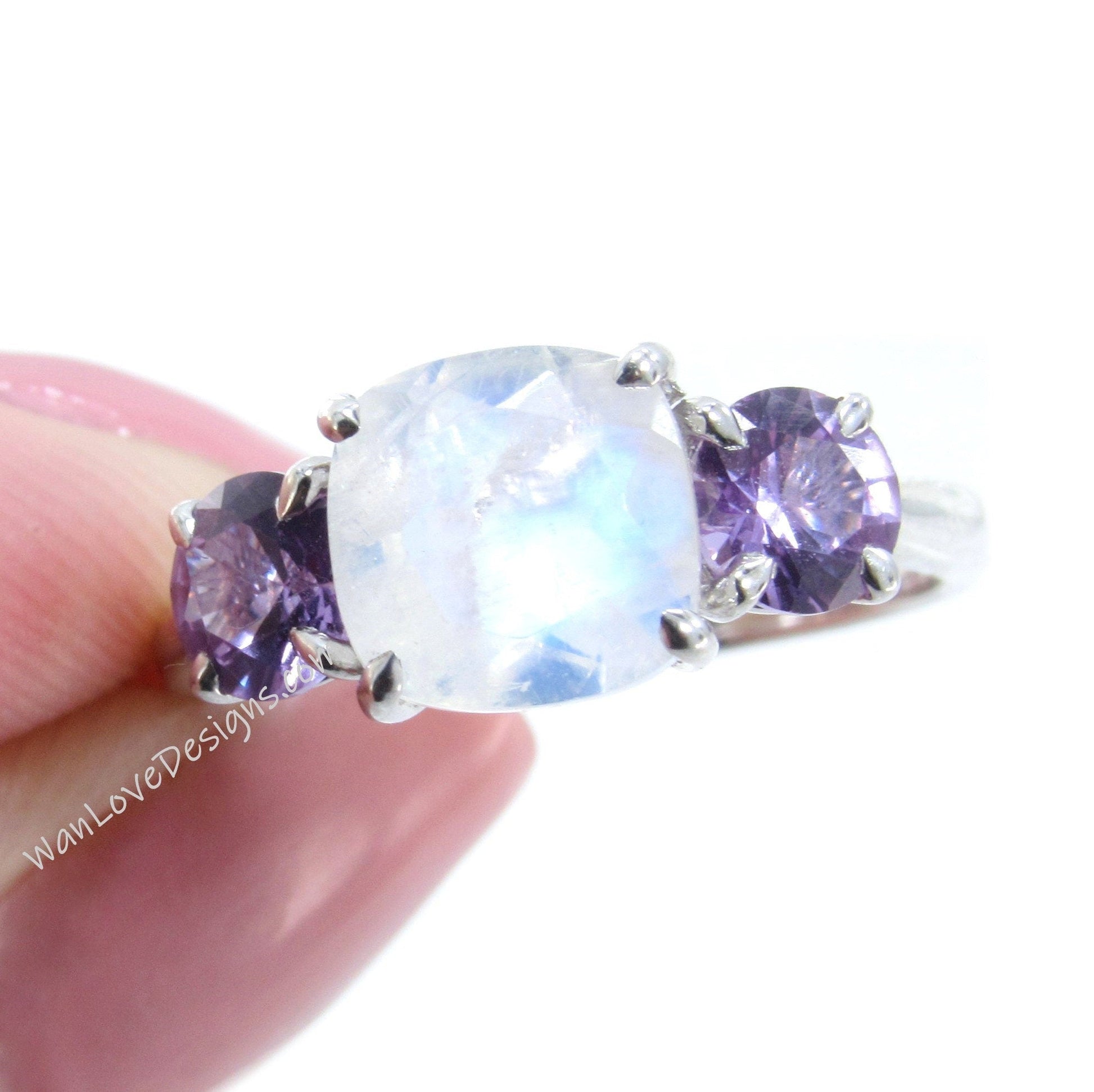 Moonstone Purple Sapphire Alexandrite Color 3 Stone Cushion Round Engagement Ring-2 1 ct 8mm 5mm-Silver Rhodium-Custom-Wedding-Ready to Ship Wan Love Designs