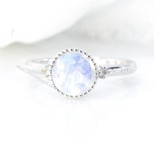 Moonstone Round Diamond Ring, Round Cut Moonstone Ring in Milgrain Bezel Setting, 3 Gem Stone Round Engagement Ring Wan Love Designs