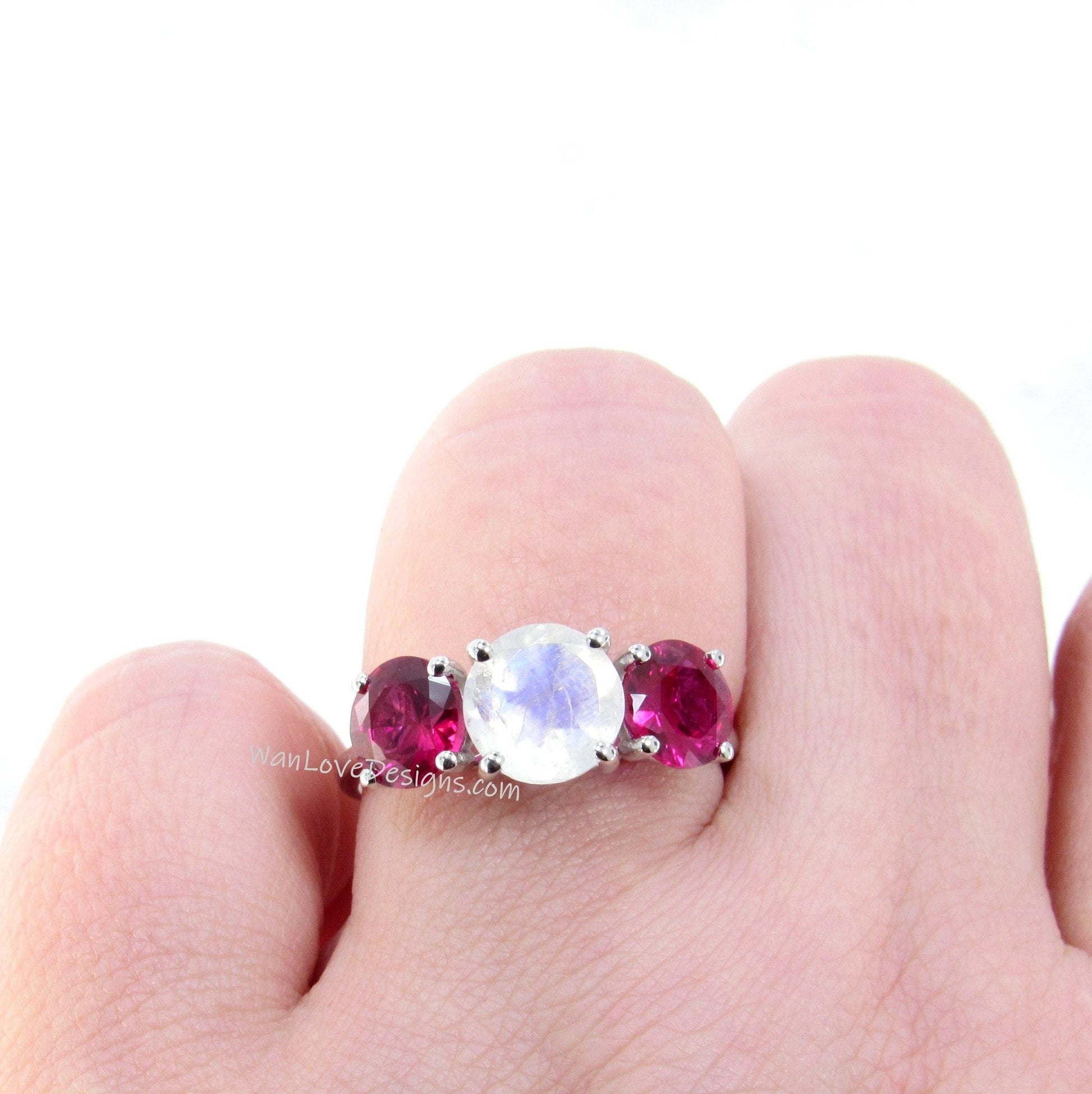 Moonstone Ruby 3 Gem Stone Engagement Ring, Round cut, Custom,Wedding,Anniversary,14k 18k White Rose Yellow Gold,Platinum Wan Love Designs