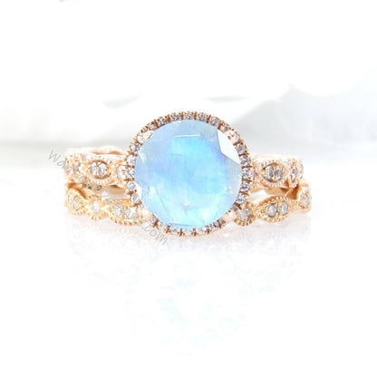 Moonstone Sapphire Diamonds Round Halo WITH or WITHOUT Milgrain Wedding Set Rings Rings, 14kt Solid Rose Gold, WanLoveDesigns Wan Love Designs