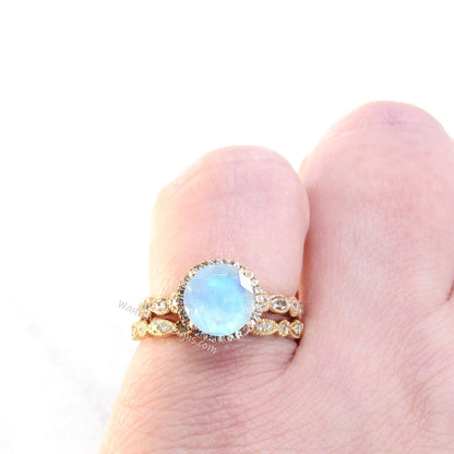 Moonstone Sapphire Diamonds Round Halo WITH or WITHOUT Milgrain Wedding Set Rings Rings, 14kt Solid Rose Gold, WanLoveDesigns Wan Love Designs