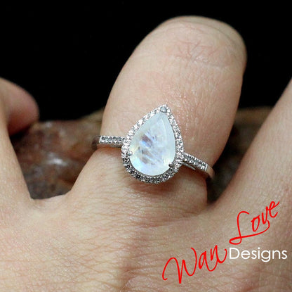 Moonstone & White Sapphire Pear Halo Engagement Ring 2.5ct vintage halo ring bridal Weddin ring promise ring Anniversary Gift-Ready to Ship Wan Love Designs