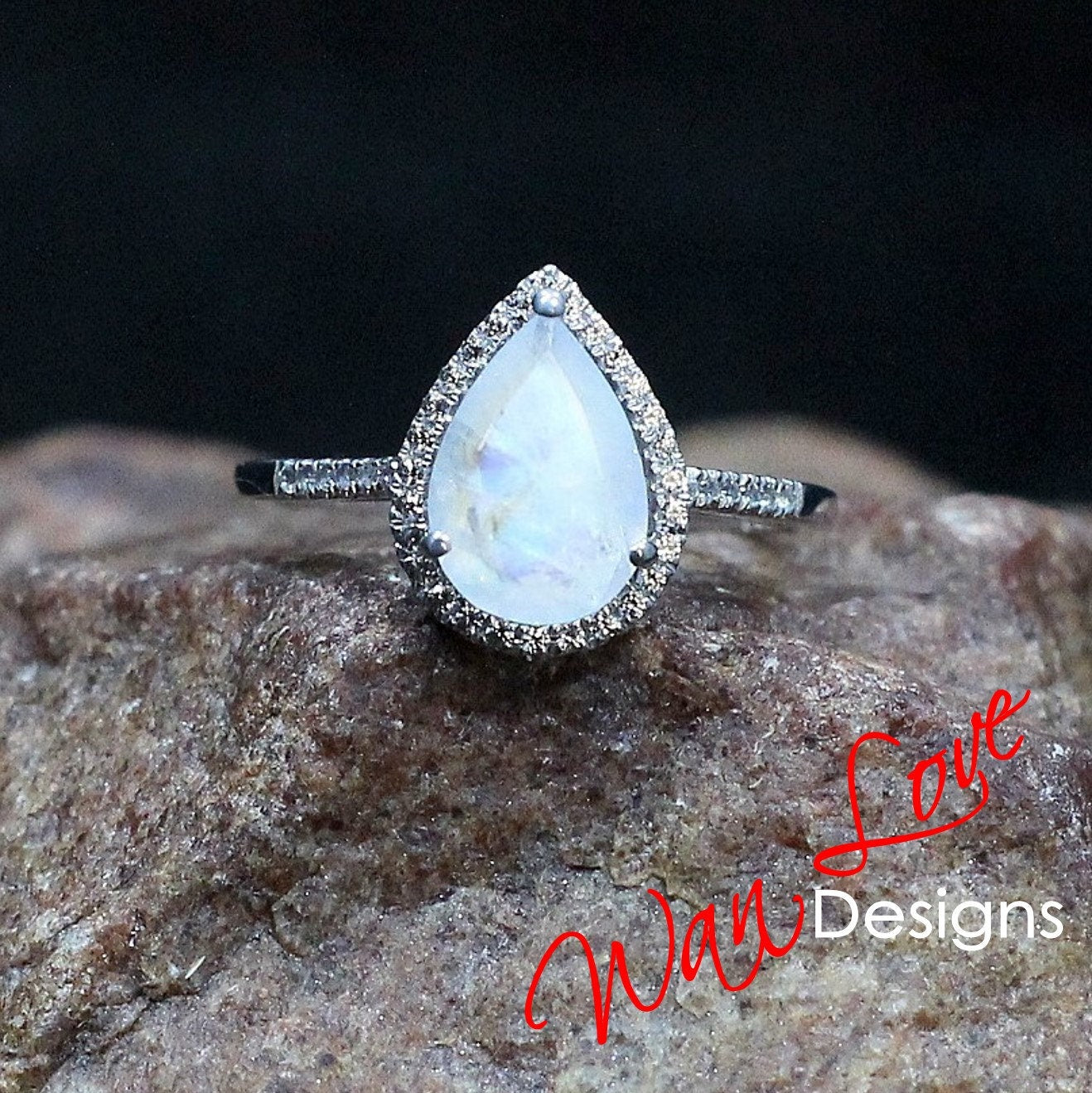 Moonstone & White Sapphire Pear Halo Engagement Ring 2.5ct vintage halo ring bridal Weddin ring promise ring Anniversary Gift-Ready to Ship Wan Love Designs