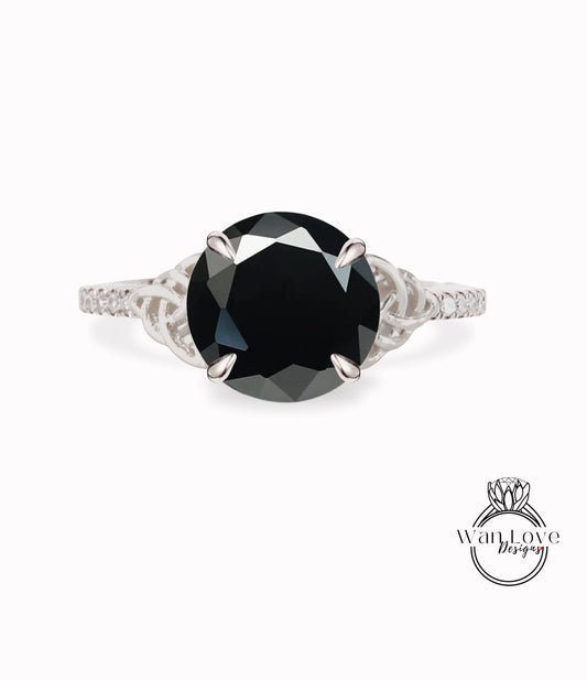 Natural Black Sapphire Diamond Double Celtic Knot Round Engagement Ring, 1ct, 6mm, Custom,Wedding,Anniversary,14k 18k White Rose Yellow Gold Wan Love Designs