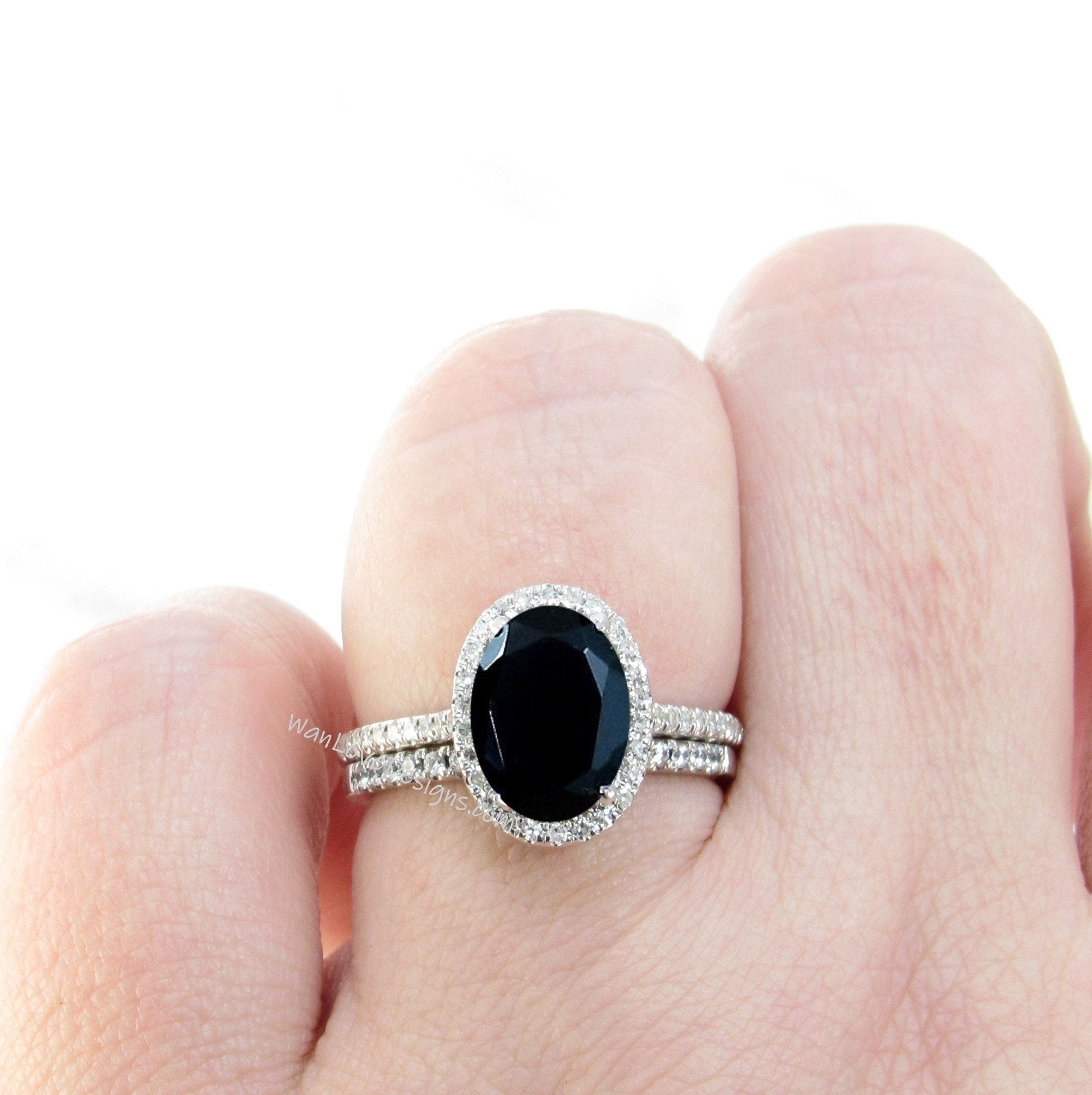 Natural Black Sapphire & Diamond Oval Halo Engagement Ring, Wedding Band Set, 2ct, 8x6mm, Custom, 14k 18k White Rose Yellow Gold, Platinum Wan Love Designs