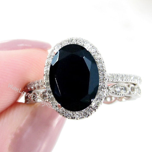 Natural Black Sapphire & Diamond Oval Halo Engagement Ring, Wedding Band Set, 2ct, 8x6mm, Custom, 14k 18k White Rose Yellow Gold, Platinum Wan Love Designs