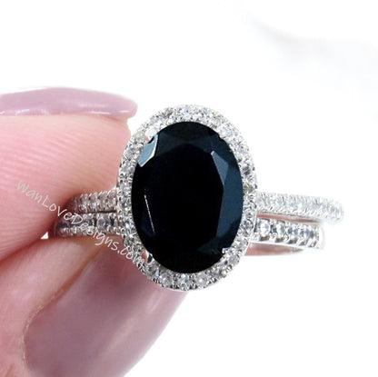 Natural Black Sapphire & Diamond Oval Halo Engagement Ring, Wedding Band Set, 2ct, 8x6mm, Custom, 14k 18k White Rose Yellow Gold, Platinum Wan Love Designs