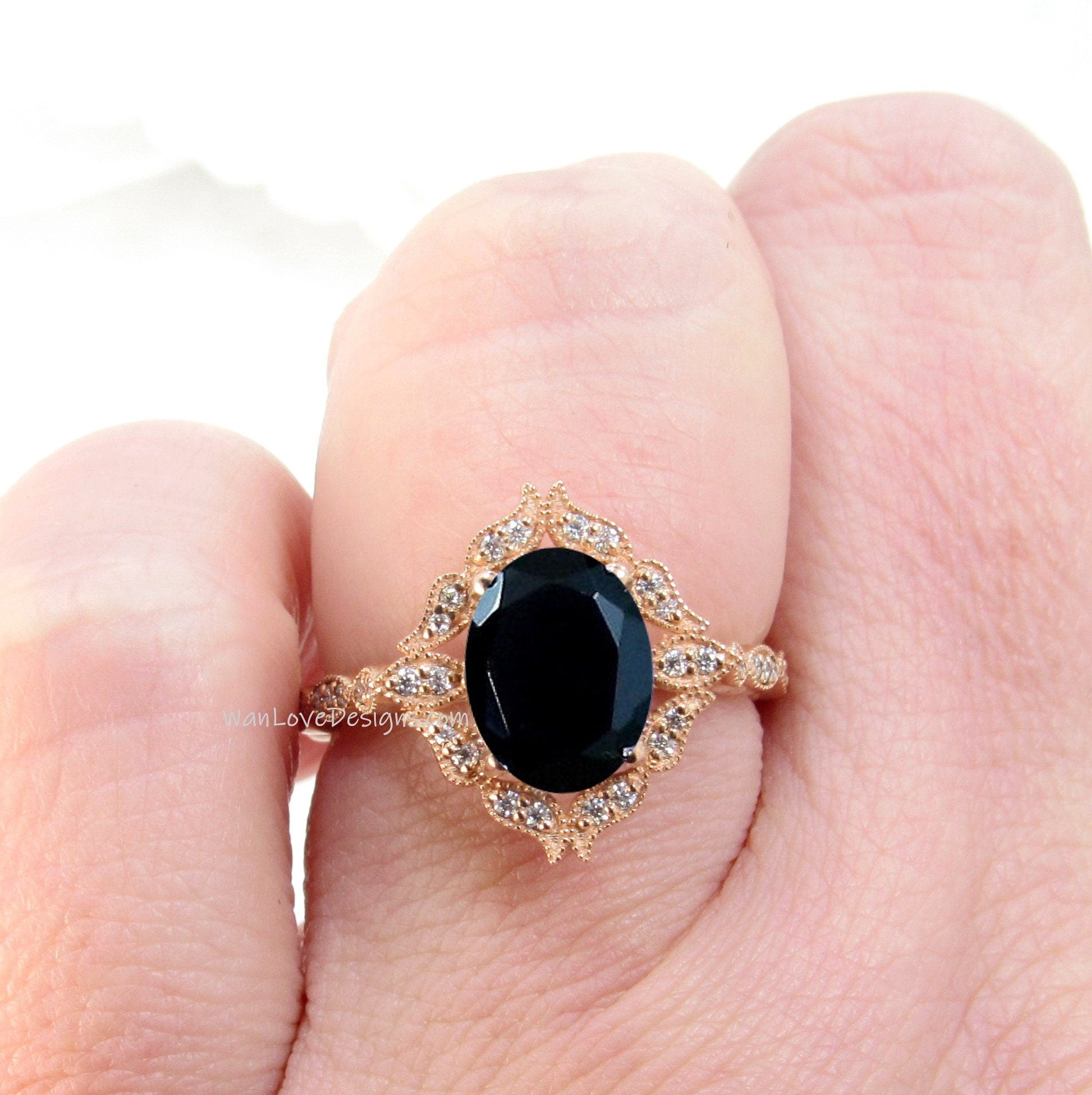 Natural Black Sapphire Oval & Diamond Ring, Floral Diamond Sapphire Ring, Oval Milgrain Ring, Black Engagement Ring, Custom, WanLoveDesigns Wan Love Designs
