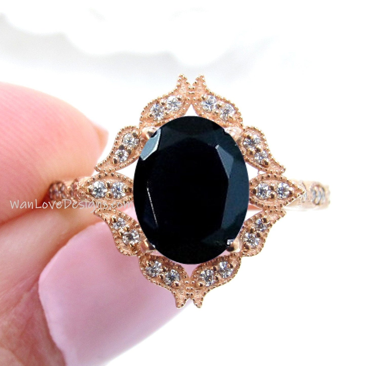 Natural Black Sapphire Oval & Diamond Ring, Floral Diamond Sapphire Ring, Oval Milgrain Ring, Black Engagement Ring, Custom, WanLoveDesigns Wan Love Designs