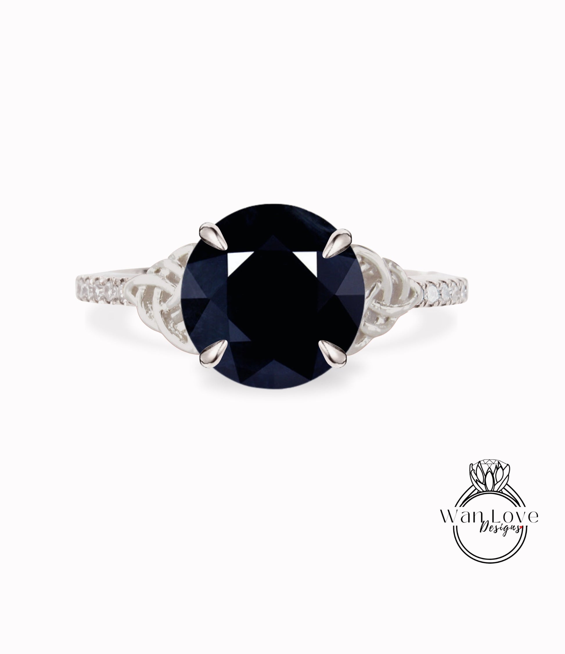 Natural Dark Blue Sapphire & Diamond Round Celtic Knot Engagement Ring, 1.5ct, 7mm, Custom,14k 18k White Yellow Rose Gold, Platinum, Wedding Wan Love Designs
