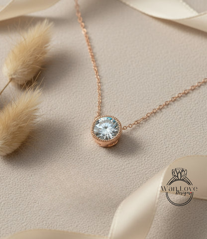 Moissanite Milgrain Bezel Round cut Necklace Solitaire Charm Thin Chain, 2ct, 8mm, Custom, Wedding,Aniversary Gift, Commitment-Faster Ship
