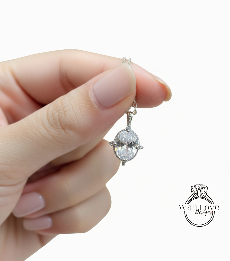 Collana vintage ovale in Moissanite, oro rosa, diamante milgrain, ciondolo multi pietra, collana a catena da sposa in oro bianco con taglio ovale