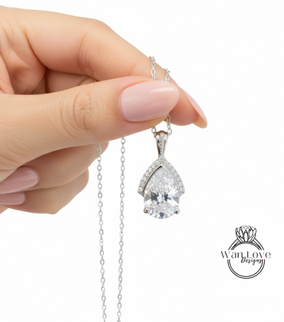 Pear & Diamond Semi Bezel Halo Moissanite Pendant Necklace 14k Gold, Half Halo Pear Cut Pendent, Solitaire Pendent, Women's Semi Bezel Necklace, Holiday Gift