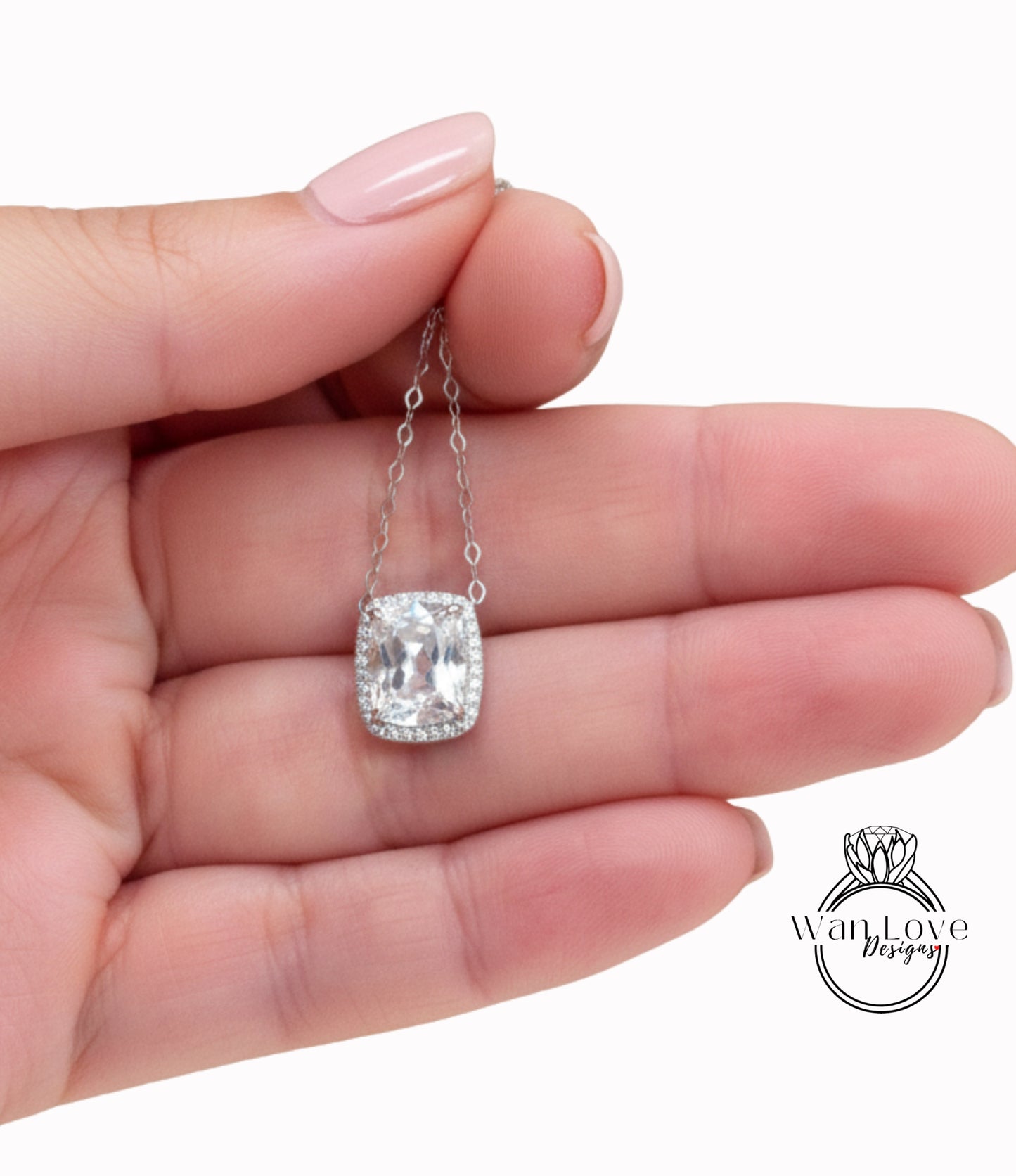 White Sapphire Elongated Cushion East West Halo Pendant Necklace Charm 4ct 10x8mm Anniversary Gift Wedding Jewelry Gold Ready to ship