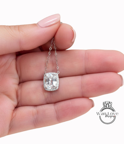 White Sapphire Elongated Cushion East West Halo Pendant Necklace Charm 4ct 10x8mm Anniversary Gift Wedding Jewelry Gold Ready to ship