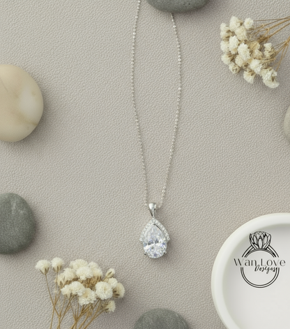 Pear & Diamond Semi Bezel Halo Moissanite Pendant Necklace 14k Gold, Half Halo Pear Cut Pendent, Solitaire Pendent, Women's Semi Bezel Necklace, Holiday Gift