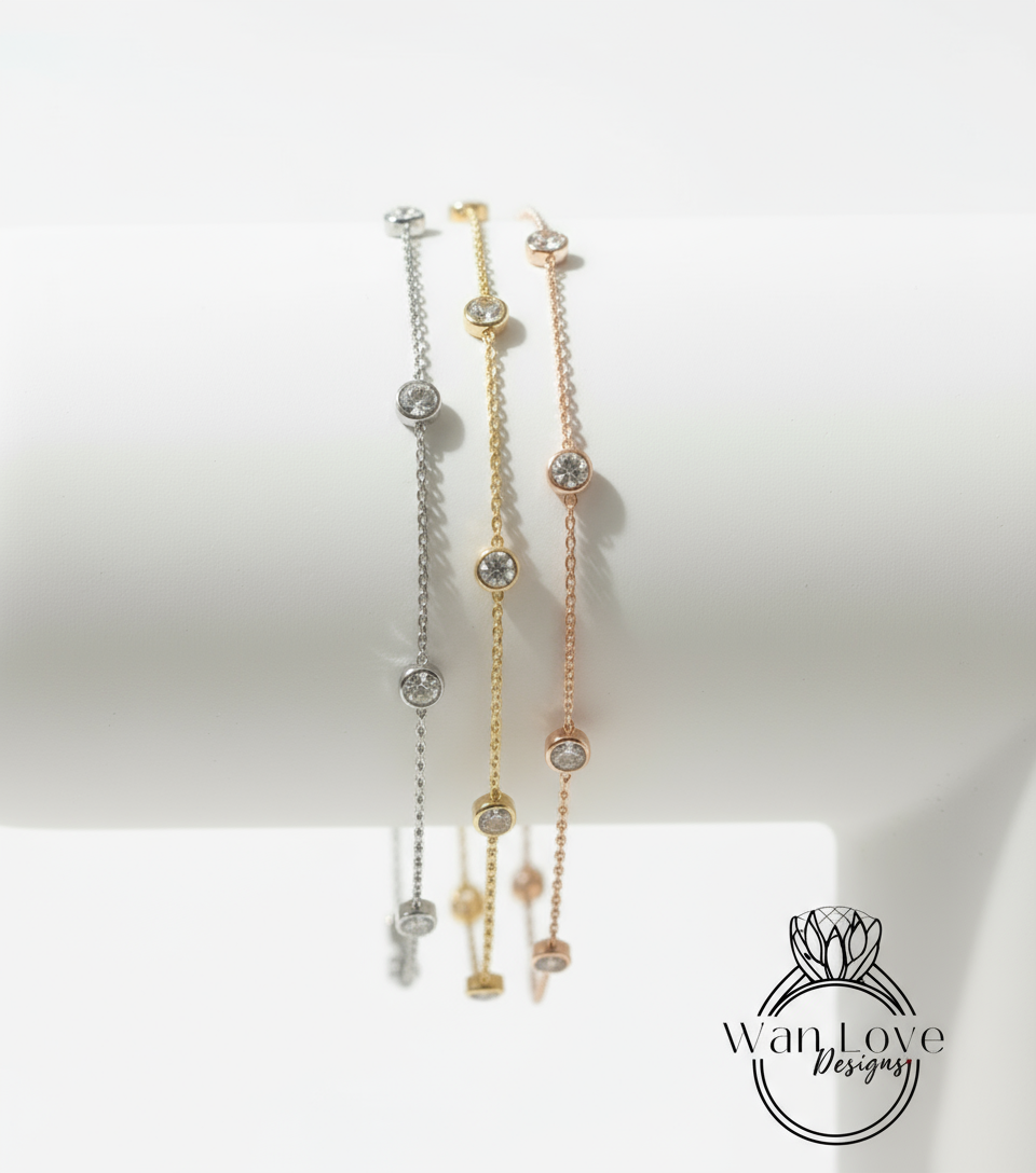 Diamond By the Yard Bracelet / 5 Diamond Station Bracelet / 14k Rose Gold Diamond Bracelet/ Birthstone Bezel Set Bracelet / Gift for her