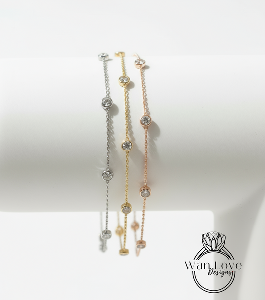 Diamond By the Yard Bracelet / 5 Diamond Station Bracelet / 14k Rose Gold Diamond Bracelet/ Birthstone Bezel Set Bracelet / Gift for her