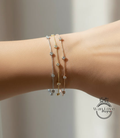 Diamond By the Yard Bracelet / 5 Diamond Station Bracelet / 14k Rose Gold Diamond Bracelet/ Birthstone Bezel Set Bracelet / Gift for her