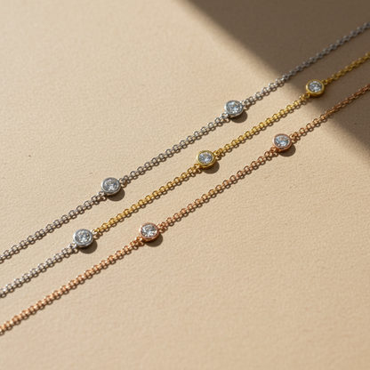 Diamond By the Yard Bracelet / 5 Diamond Station Bracelet / 14k Rose Gold Diamond Bracelet/ Birthstone Bezel Set Bracelet / Gift for her