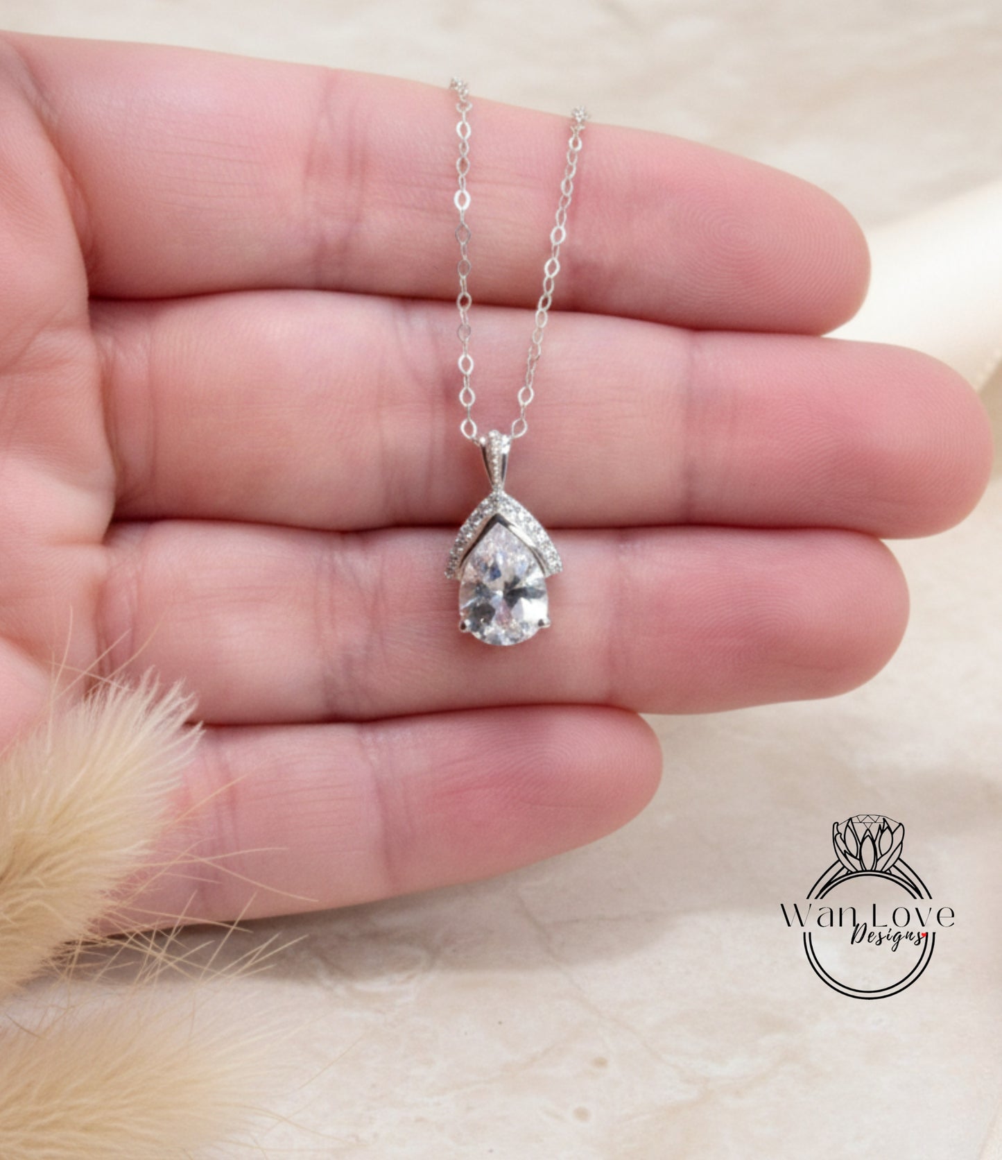 White Sapphire Pear Semi Bezel Half Halo Pendant Necklace 2ct 10x7mm Custom Wedding Anniversary Gift Ready to Ship