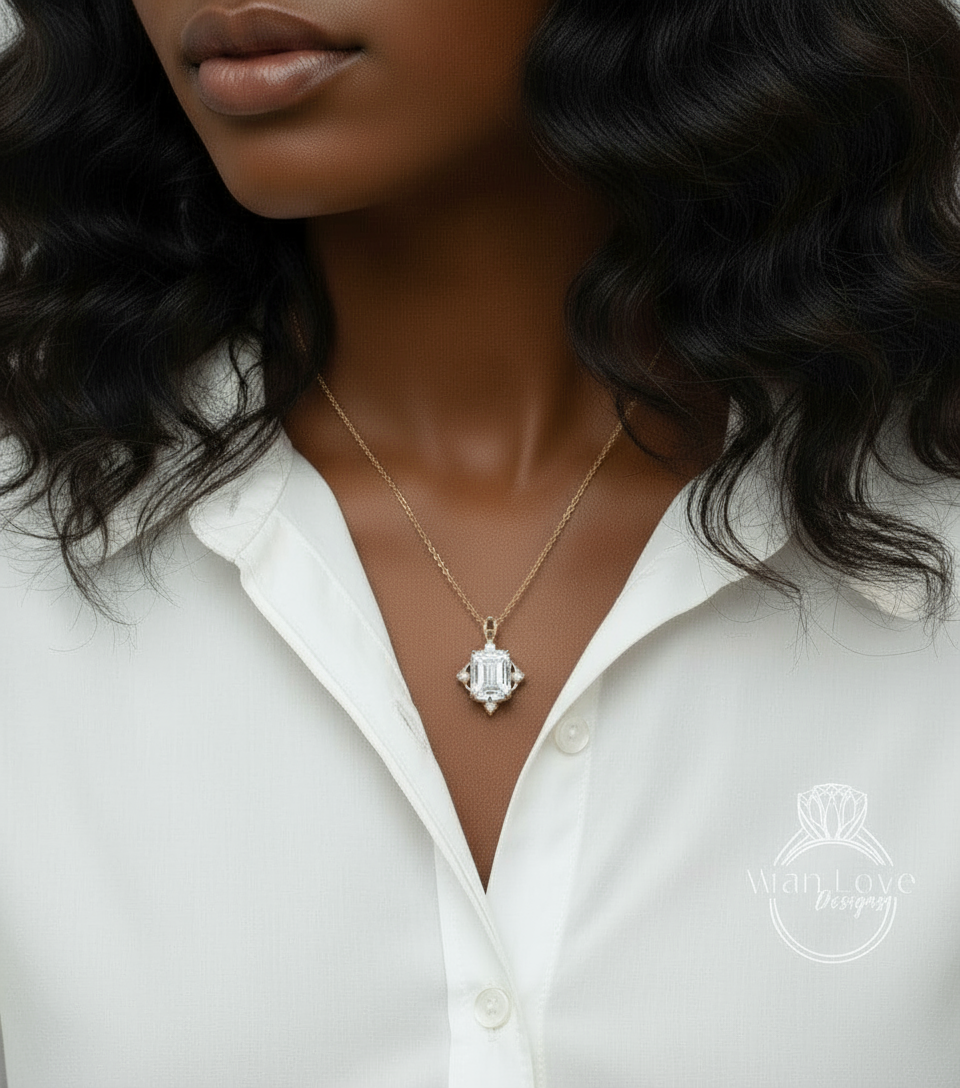 White Sapphire Emerald cut Antique pendant vintage style ornate necklace Charm Chain 4ct White or Rose Gold anniversary wedding Gift Ready