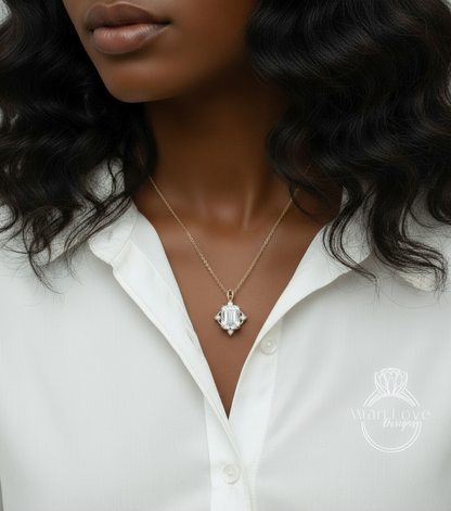 White Sapphire Emerald cut Antique pendant vintage style ornate necklace Charm Chain 4ct White or Rose Gold anniversary wedding Gift Ready