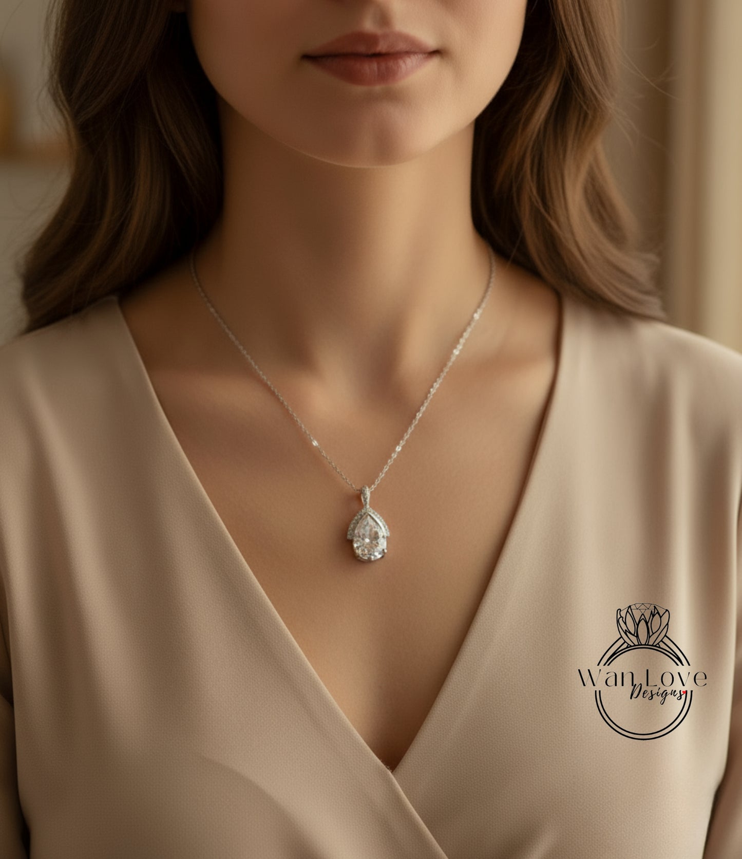 White Sapphire Pear Semi Bezel Half Halo Pendant Necklace 2ct 10x7mm Custom Wedding Anniversary Gift Ready to Ship