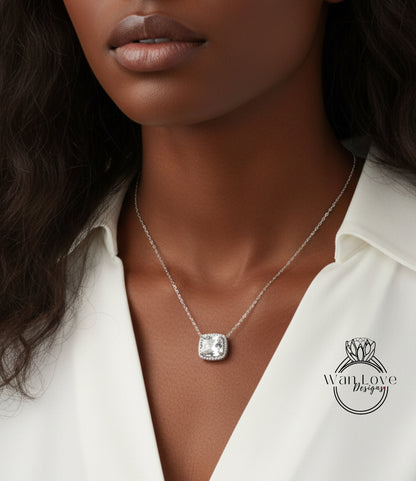 White Sapphire Elongated Cushion East West Halo Pendant Necklace Charm 4ct 10x8mm Anniversary Gift Wedding Jewelry Gold Ready to ship