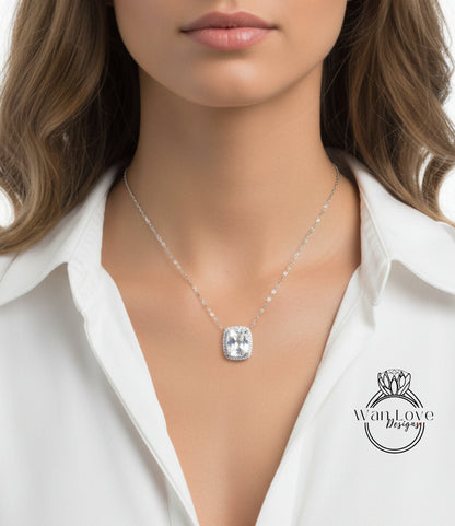 White Sapphire Elongated Cushion East West Halo Pendant Necklace Charm 4ct 10x8mm Anniversary Gift Wedding Jewelry Gold Ready to ship